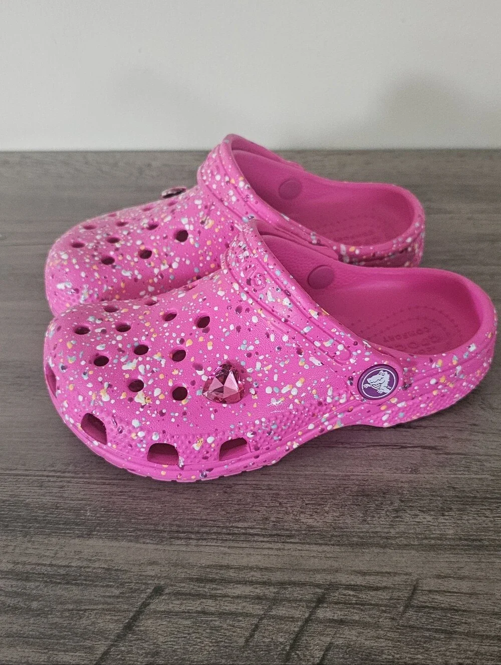 CROCS Kids Pink Paint Splatter Clogs Heart Jewel Toddler Girl C 11